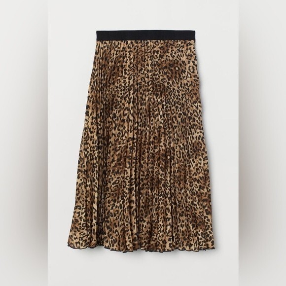 H&M NWT Size Small Pleated Midi Skirt Cheetah Leopard Print Elastic Long Lined - Picture 1 of 7